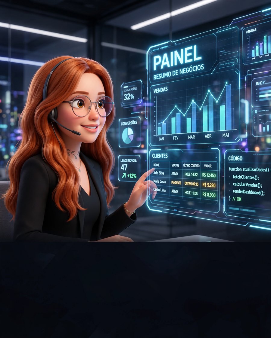 Maya diante de um painel de vendas com gráficos e indicadores